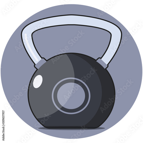 A dark grey kettlebell cartoon illustration icon with rounded circle inside and a light blue handle and coloured background