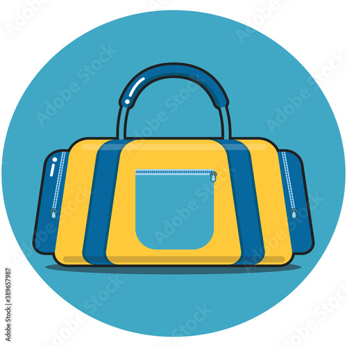 Yellow and blue duffel gym bag icon for sport or for travel purpose with handle and zippers.