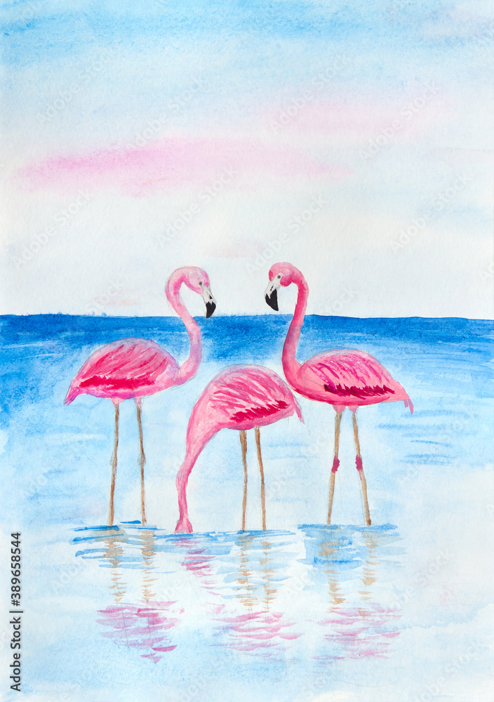 Obraz premium Pink flamingo birds in water. Art illustration watercolor painting
