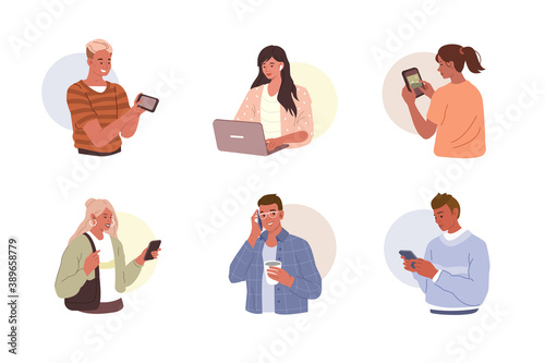 Young People using Smartphones, Laptops and Tablets for Chatting and Conversation. Happy Boys and Girls talking and typing on Phones. Female and Male Characters set. Flat Cartoon Vector Illustration.
