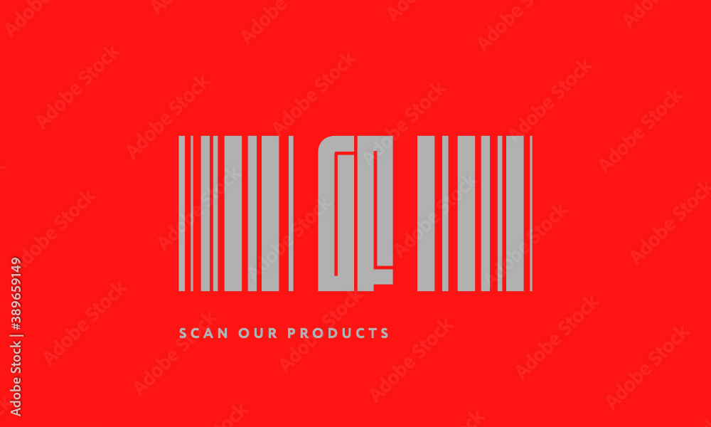 Premade barcode logo initials monogram silver modern bar code on red background Premade barcode logo initials monogram silver modern bar code on red background