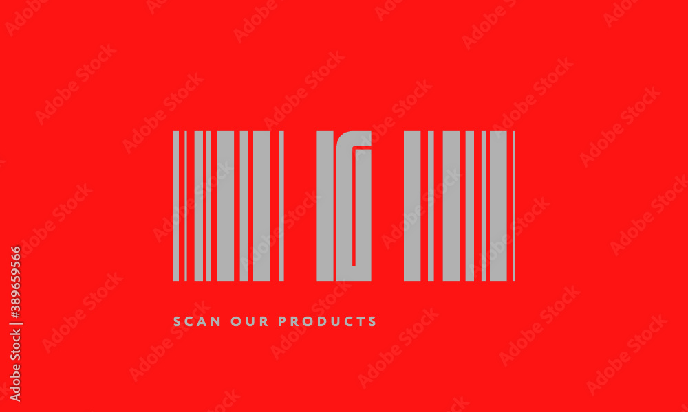 Premade barcode logo initials monogram  silver modern bar code on red background