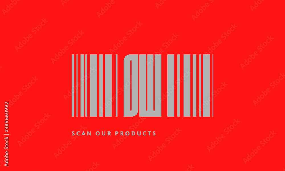 Premade barcode logo initials monogram  silver modern bar code on red background