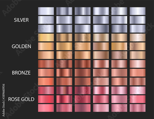 Big vector set metallic gradients. Gold, silver, bronze, rose gold. Collection of gradient colors.