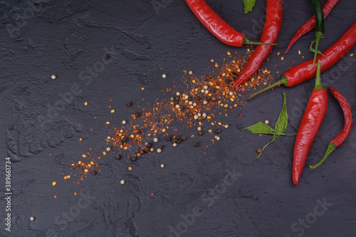 Cayenne and pepper with fresh red chilli paste on a dark black table - top view