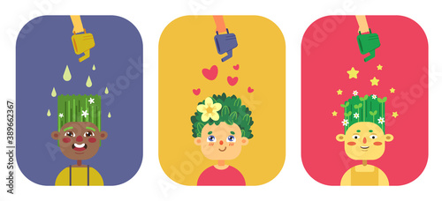 The idea of natural hair cosmetics. Children grow plants from their heads. Characters of different races with different hair types. A hair care product is applied on top.