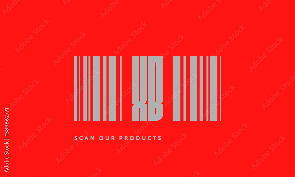 Premade barcode logo initials monogram  silver modern bar code on red background