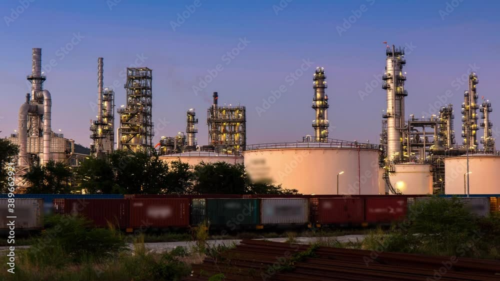 time lapse of crude oil refinery distillation from carbon fossil supply big storage tank behind distillation column petroleum petrochemical refinery industry train cargo transportation sunset time time lapse of crude oil refinery distillation from carbon fossil supply big storage tank behind distillation column petroleum petrochemical refinery industry train cargo transportation sunset time