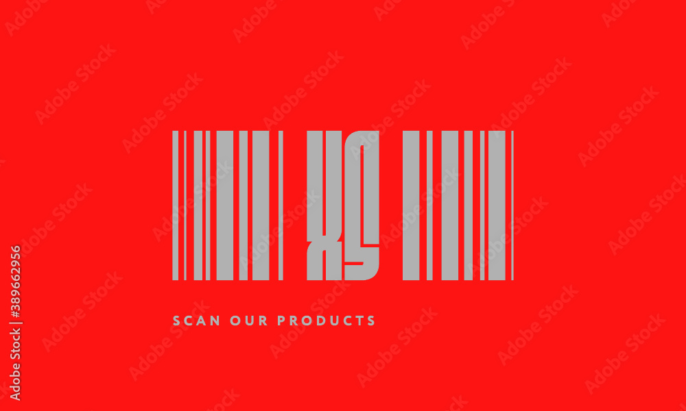 Premade barcode logo initials monogram  silver modern bar code on red background
