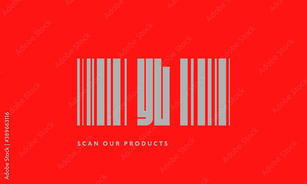 Premade barcode logo initials monogram  silver modern bar code on red background