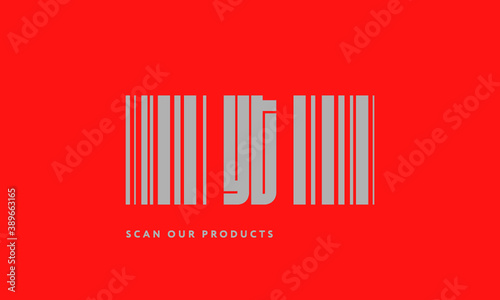 Premade barcode logo initials monogram  silver modern bar code on red background
