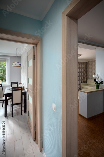 View from the hallway to the open doors to the kitchen and a room in a studio apartment. Doorway with wooden interior door with glass inserts in loft style closeup.