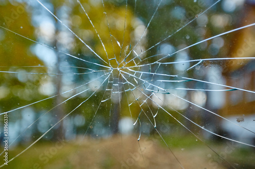 Cracked broken windshield close up