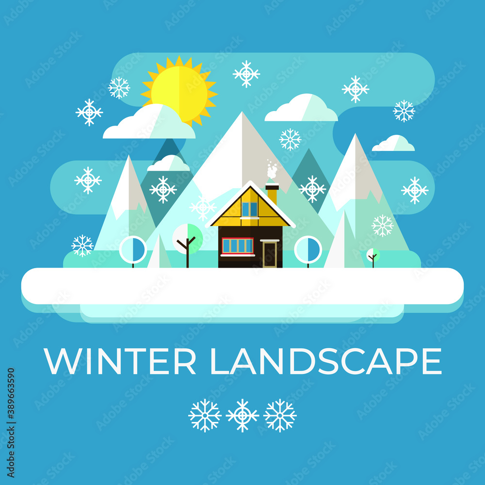 Winter landscape. Illustration in flat design style. Christmas landscape. New year or Christmas greeting card design. Vector EPS 10.