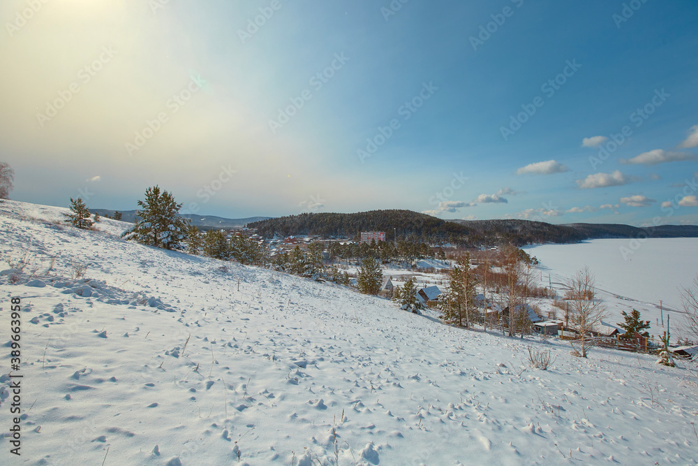 Southern Urals, lake Turgoyak in the Chelyabinsk region, near the city of Miass. Winter landscape