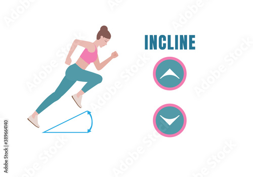Symbol Incline the treadmill gradient. arrow press to speed up.to help you lose some kilos as well as perform essential cardio exercises. Fitness and health concepts. illustration in cartoon style.