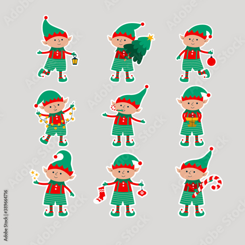 Christmas elves with gift, tree, ball, flantern, stars, garlands