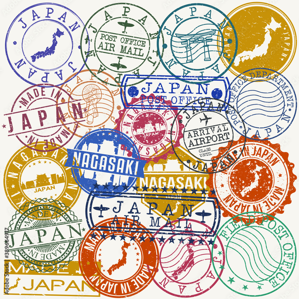 Nagasaki Japan Set of Stamps. Travel Stamp. Made In Product. Design Seals Old Style Insignia.
