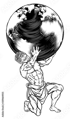 Atlas the titan from Greek mythology sentenced by the gods to hold up the sky represented by a world globe