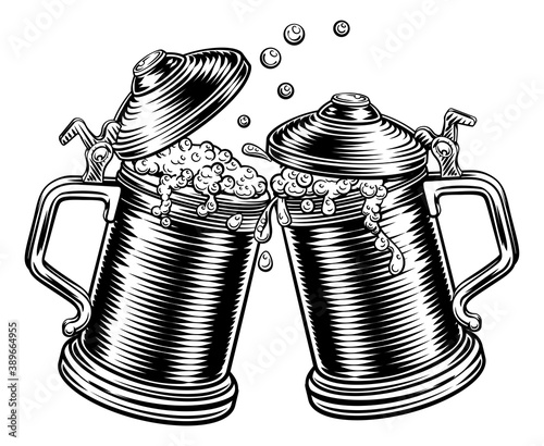 Two beer stein German Oktoberfest pint tankard mugs in a retro vintage intaglio woodcut engraved style