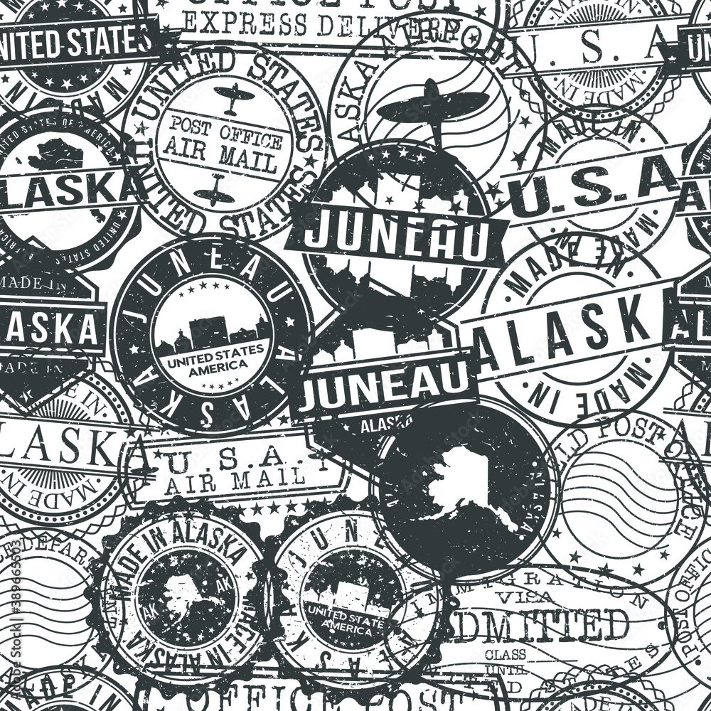 Juneau Alaska Stamps Background. City Stamp Vector Art. Postal Passport Travel. Design Set Pattern.