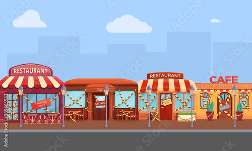 tourist street with a number of cafes and restaurants closed due to the epidemic, vector illustration