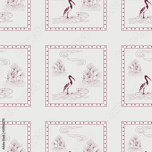 Seamless tiled pattern river plants and birds drawn in burgundy color on a light gray background.