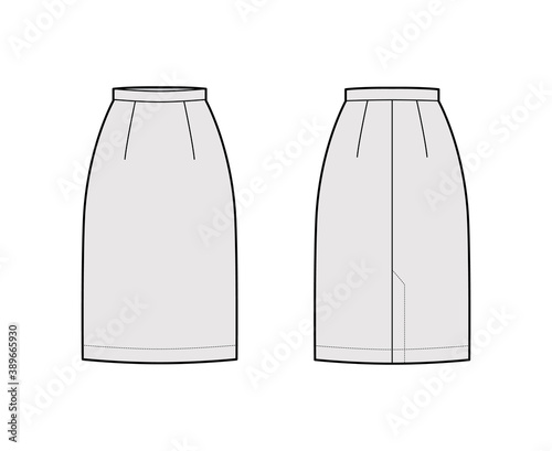 Skirt sheath straight technical fashion illustration with knee lengths, flap at back, pencil fullness. Flat bottom apparel template front, back, grey color style. Women, men, unisex CAD mockup