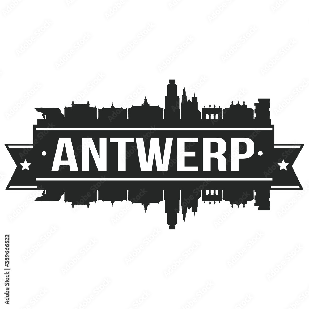Antwerp Belgium Skyline Silhouette City Vector Design Art Stencil.