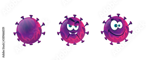 Coronavirus bacteria, funny microbe organism with purple spikes isolated infectious monster. Vector covid-19 emoticon laughing and angry smiling with teeth, virus in cartoon style, dangerous infection