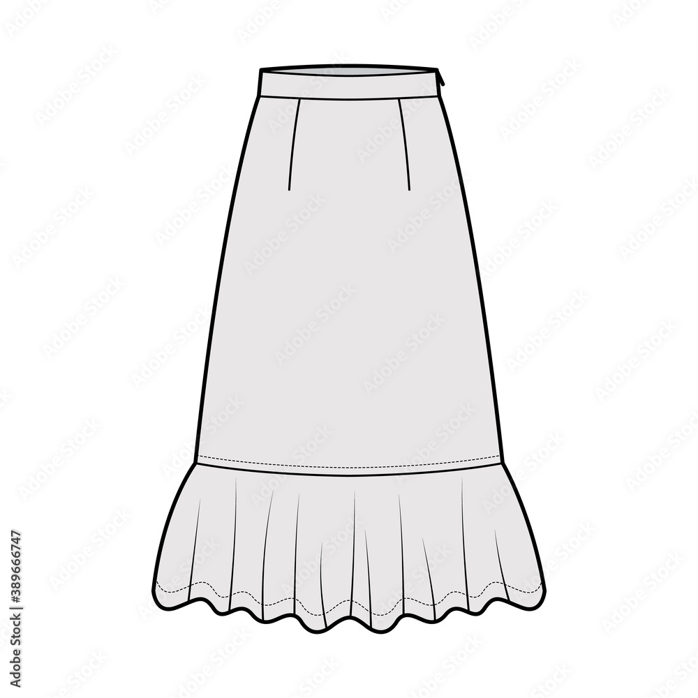 Skirt midi prairie dirndl technical fashion illustration with mid-calf lengths, semi-circular fullness, thick waistband. Flat bottom template front, grey color style. Women men unisex CAD mockup