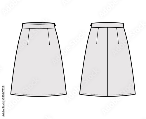 Skirt A-line fullness technical fashion illustration with knee length silhouette, thick waistband, side zipper. Flat bottom template front, back, grey color style. Women, men, unisex CAD mockup