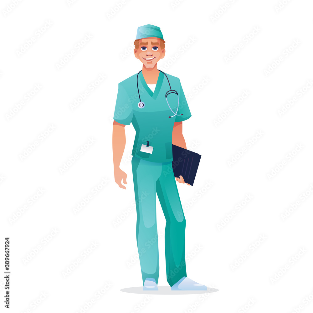 Surgeon doctor with stethoscope and folder, in short-sleeved scrub top and pants isolated medical worker. Vector practitioner with list of patients stories in hands, physician, pediatrician, therapist Surgeon doctor with stethoscope and folder, in short-sleeved scrub top and pants isolated medical worker. Vector practitioner with list of patients stories in hands, physician, pediatrician, therapist