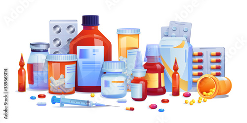 Medication drugs, pills and tablets, capsules set isolated icons. Vector meds, pharmaceutical pharmacy tablets, syringe injections. Various glass bottles with liquid medicines, plastic tubes with caps