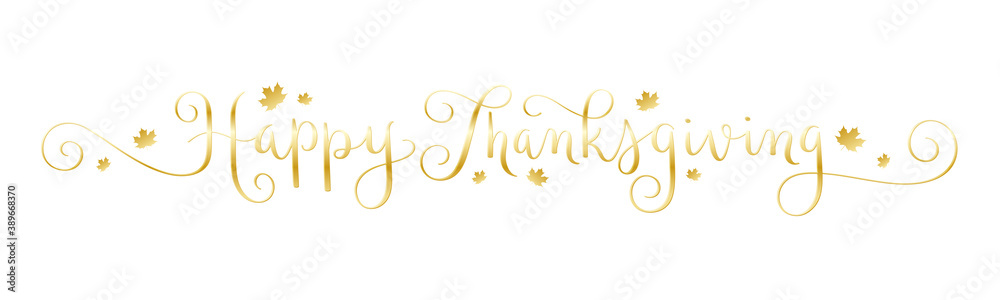 HAPPY THANKSGIVING metallic gold brush calligraphy banner with maple leaves and spiral swashes HAPPY THANKSGIVING metallic gold brush calligraphy banner with maple leaves and spiral swashes