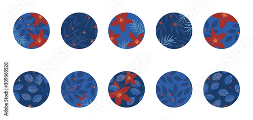 Bundle of insta highlights covers for holidays.Modern vector layouts with hand drawn plants and florals in christmas style.Xmas backgrounds.Trendy design for social media marketing.