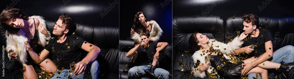 Naklejka premium Collage of seductive woman with closed eyes, looking at boyfriend, sitting on sofa behind man, while confetti falling in nightclub, banner
