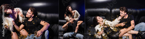 Collage of seductive woman with closed eyes, looking at boyfriend, sitting on sofa behind man, while confetti falling in nightclub, banner