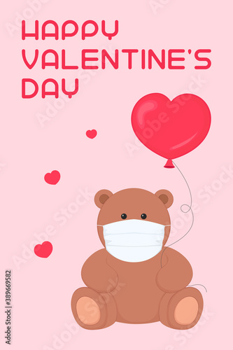 St Valentines Day card. Teddy bear in face mask. Vector illustration. © Vector DSGNR