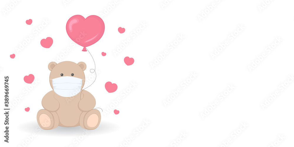 Valentines Day card with copy space. Teddy bear in face mask. Vector illustration. Valentines Day card with copy space. Teddy bear in face mask. Vector illustration.