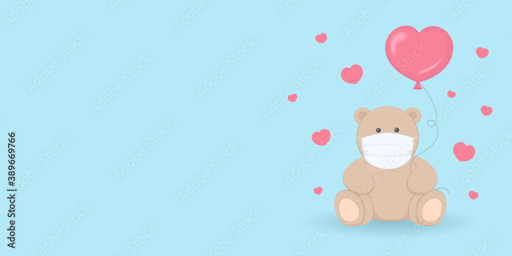 Birthday card with copy space. Teddy bear in face mask. Vector illustration.