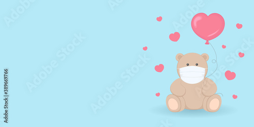 Birthday card with copy space. Teddy bear in face mask. Vector illustration.
