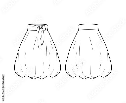Skirt balloon technical fashion illustration with bow, below-the-knee length silhouette, wide stretch waistband. Flat bottom template front, back white color style. Women men unisex CAD mockup
