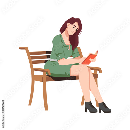 Girl on bench reading book isolated character in flat cartoon style. Vector pretty brunette woman in green dress with magazine in hands sit on wooden seat, female student study outdoors
