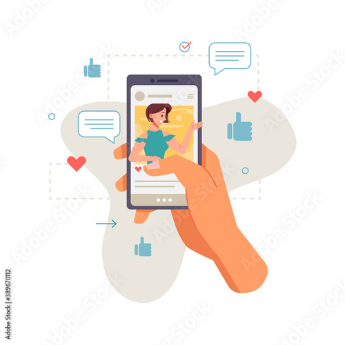 Smartphone, messages chat in hands, communication via internet, online chat and social networks, messenger. Application on smartphone, likes and woman on screen. Phone with dialogue picture on display