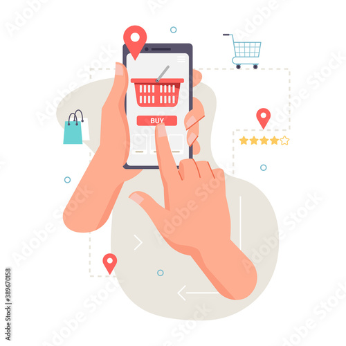 Application, smartphone in hand, ordering food, products, location. Vector food and fastfood online order, person tapping on screen to deliver food. Red shopping cart trolley, mobile app mockup