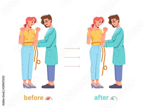 Dietician nutritionist helps overweight woman, results before and after. Vector dietitian with meter measure slim and fat waist. Doctor expert in nutrition helps patient to get rid of excess weight