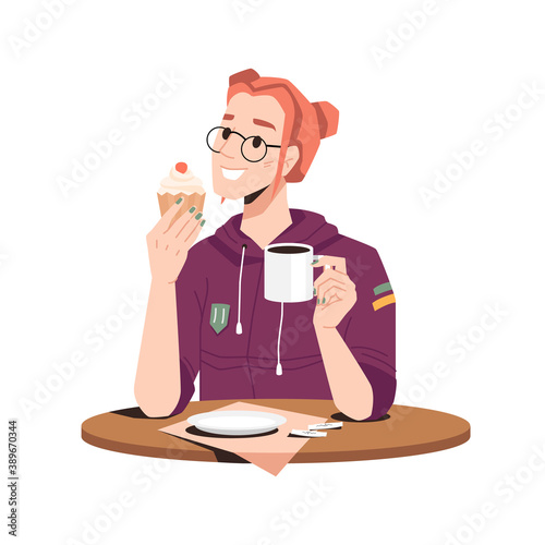 Smiling woman enjoys bakery cake with tea, coffee or cocoa isolated girl in glasses at table. Vector lady in hoodie drinking hot beverage, lunchtime. Fresh cupcake at female hands in cafe restaurant