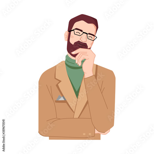 Thinking dreaming man, holding beard by hand isolated. Vector guy in glasses, fingers on face. Standing male, careful mindful flat cartoon character. Confused, hesitating businessman entrepreneur