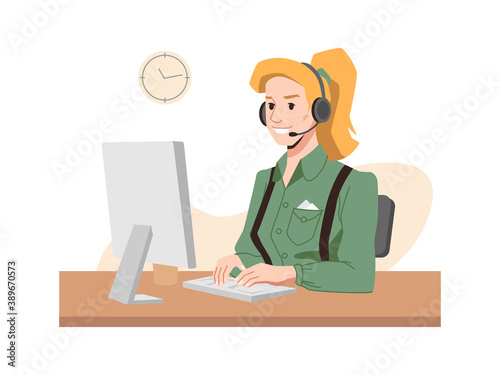 Call center worker, vector blonde in headphones, hotline operator at workplace, woman typing on computer. Girl working on helpline, online communication manager, feedback consultant representative